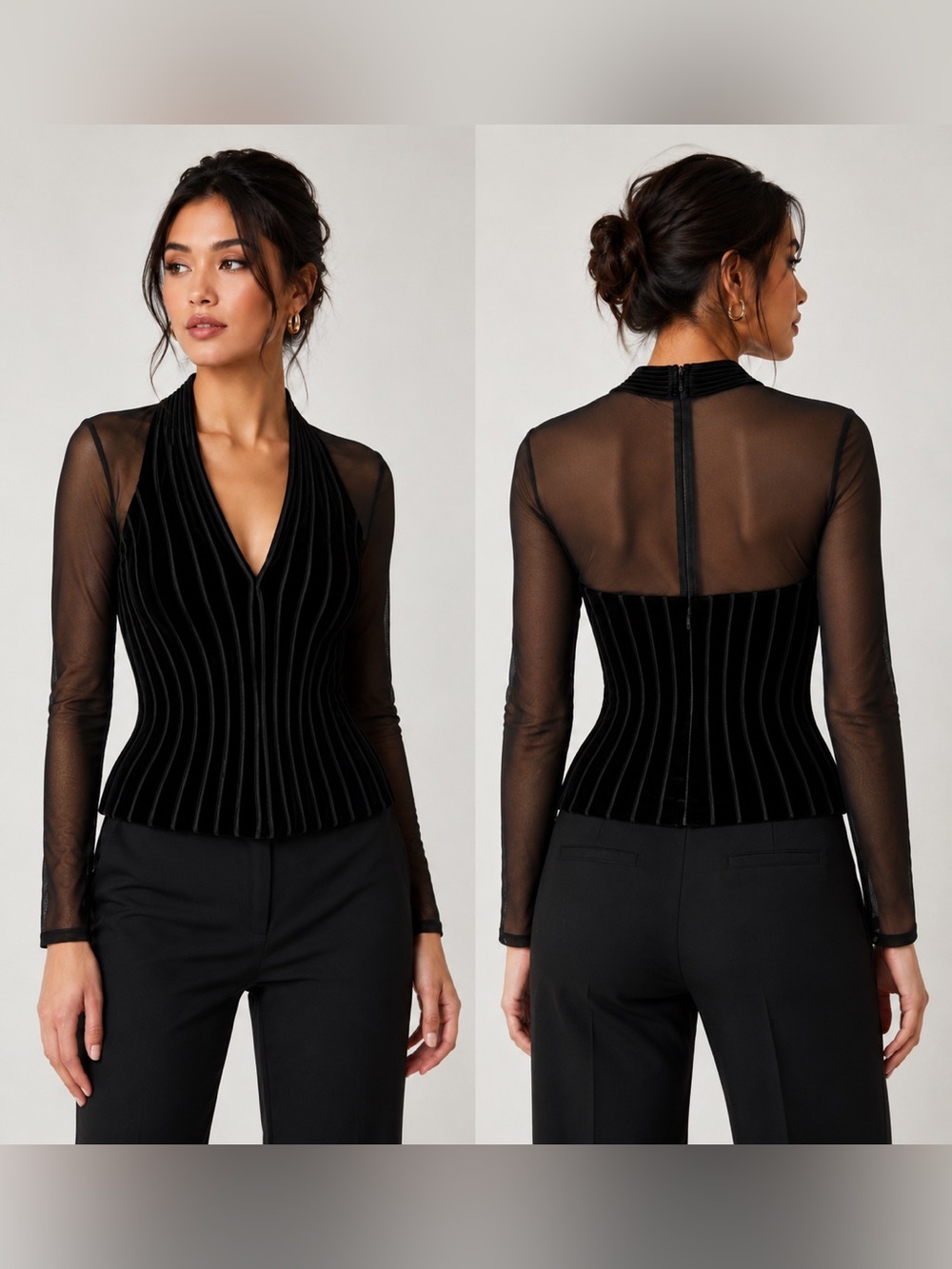 Tadashi Black Velvet Burnout Mesh Long Sleeve Corset Top Y2K Gothic Evening